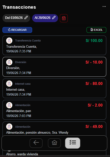 Vista de transacciones de Money Flow